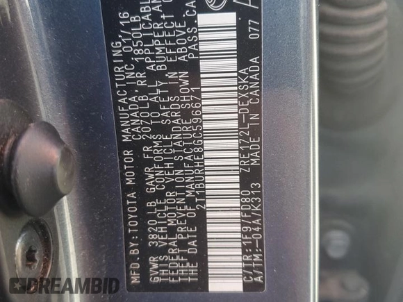 2016 Toyota Corolla L with VIN 2T1BURHE8GC596671, listed as a Copart auction lot 52679505 with 144,667 mi miles and Salvage Title. Bid and sale history available at DreamBid. Image 15.
