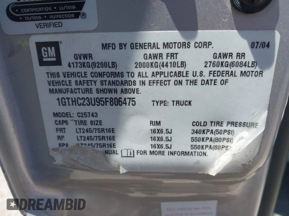 2005 GMC Sierra 2500HD Work Truck with VIN 1GTHC23U95F806475, listed as a IAAI auction lot 42314232 with Not provided miles and . Bid and sale history available at DreamBid. Image 9.