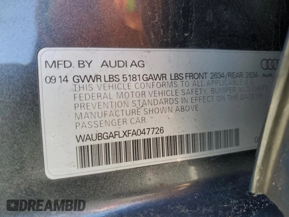 2015 Audi S4 Premium Plus with VIN WAUBGAFLXFA047726, listed as a Copart auction lot 82023654 with 119,192 mi miles and Salvage Title. Bid and sale history available at carsss.com. Image 14.