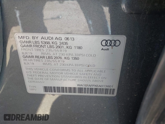 2014 Audi Q5 Premium Plus with VIN WA1LFAFPXEA013601, listed as a IAAI auction lot 41920890 with 1 mi miles. Bid and sale history available at carsss.com. Image 9.