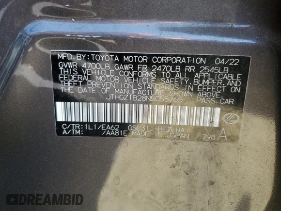 2022 Lexus IS 350 F Sport with VIN JTHGZ1B28N5055765, listed as a Copart auction lot 55329005 with 30,730 mi miles and Salvage title. Bid and sale history available at DreamBid. Image 12.