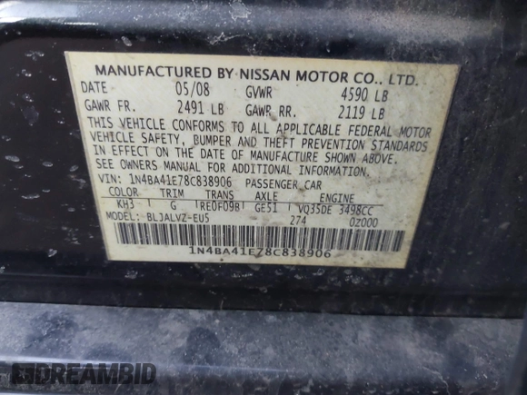 2008 Nissan Maxima SE with VIN 1N4BA41E78C838906, listed as a IAAI auction lot 41646268 with 147,140 mi miles and . Bid and sale history available at DreamBid. Image 9.