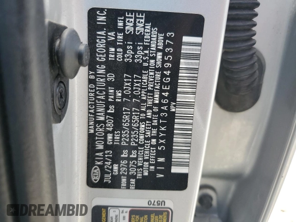 2014 Kia Sorento LX with VIN 5XYKT3A64EG495373, listed as a Copart auction lot 53967235 with 147,942 mi miles and Salvage Title. Bid and sale history available at carsss.com. Image 13.