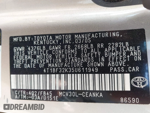 2005 Toyota Camry LE with VIN 4T1BF32K35U611949, listed as a IAAI auction lot 42062852 with 146,578 mi miles and . Bid and sale history available at DreamBid. Image 9.