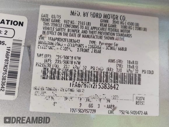 2015 Ford Mustang EcoBoost с VIN 1FA6P8TH2F5383642, выставлен на аукционе IAAI как лот 42054246 с пробегом 104 061 миль миль и . История ставок и продаж доступна на DreamBid. Изображение 9.