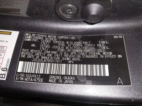 2011 Toyota 4Runner SR5 with VIN JTEZU5JR7B5017417, listed as a IAAI auction lot 41765420 with 165,714 mi miles and . Bid and sale history available at DreamBid. Image 9.