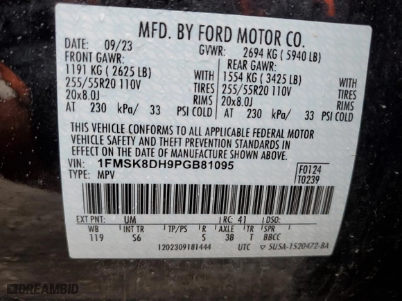 2023 Ford Explorer XLT with VIN 1FMSK8DH9PGB81095, listed as a Copart auction lot 45279135 with 22,975 mi miles and Salvage Title. Bid and sale history available at carsss.com. Image 13.