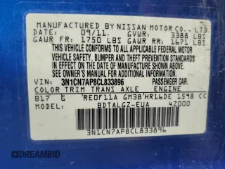 2012 Nissan Versa SL with VIN 3N1CN7AP8CL833896, listed as a Copart auction lot 51258795 with 125,439 mi miles and Clean Title. Bid and sale history available at carsss.com. Image 12.