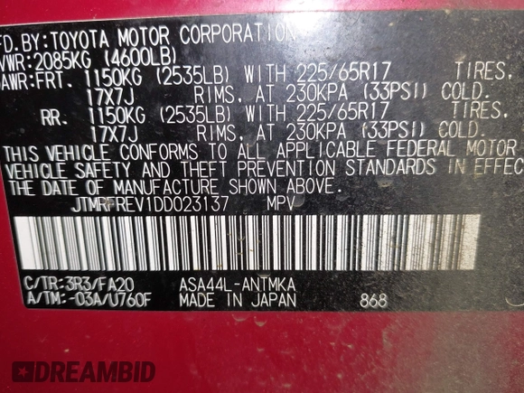 2013 Toyota RAV4 XLE with VIN JTMRFREV1DD023137, listed as a IAAI auction lot 42548440 with 118,067 mi miles and . Bid and sale history available at DreamBid. Image 9.