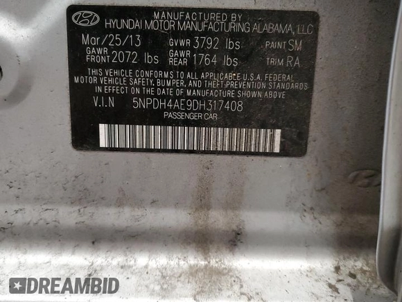 2013 Hyundai Elantra GLS с VIN 5NPDH4AE9DH317408, выставлен на аукционе Copart как лот 58868635 с пробегом 126 094 миль миль и Чистый • Clean title. История ставок и продаж доступна на DreamBid. Изображение 12.