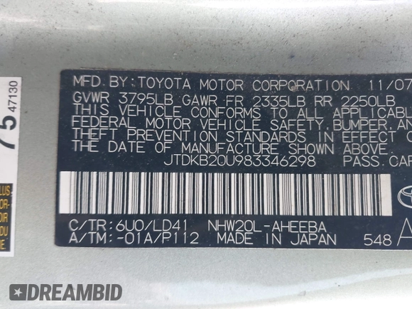 2008 Toyota Prius with VIN JTDKB20U983346298, listed as a IAAI auction lot 42224566 with 93,999 mi miles and . Bid and sale history available at DreamBid. Image 9.