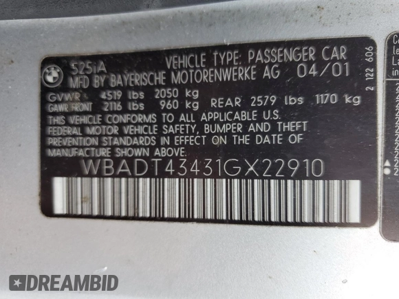 2001 BMW 5 Series 525i z VIN WBADT43431GX22910, wystawiony jako Copart lot #51166145 z przebiegiem 153 615 mil mil oraz Szkoda całkowita • Salvage title. Historia ofert i sprzedaży dostępna na DreamBid. Obrazek 12.