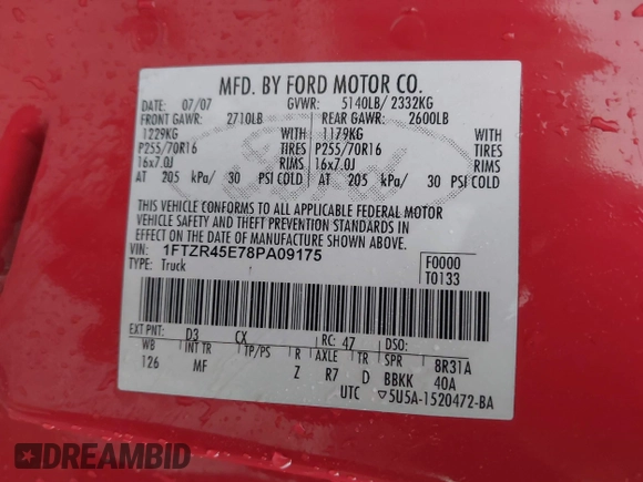 2008 Ford Ranger XLT с VIN 1FTZR45E78PA09175, выставлен на аукционе IAAI как лот 41806426 с пробегом 77 896 миль миль и . История ставок и продаж доступна на DreamBid. Изображение 9.
