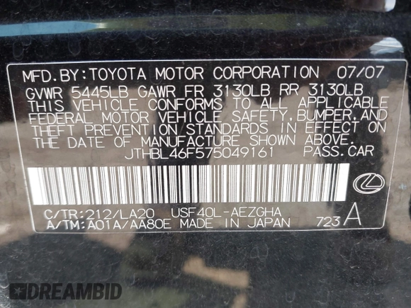 2007 Lexus LS 460 with VIN JTHBL46F575049161, listed as a IAAI auction lot 42618220 with 120,106 mi miles and . Bid and sale history available at DreamBid. Image 9.