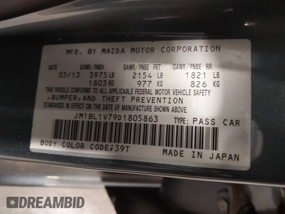 2013 Mazda 3 i Touring with VIN JM1BL1V79D1805863, listed as a IAAI auction lot 42506267 with 97,005 mi miles and . Bid and sale history available at DreamBid. Image 9.
