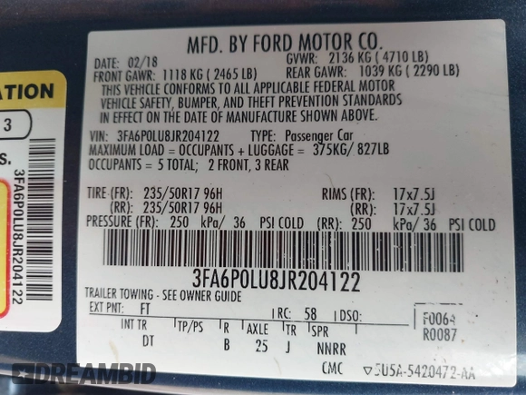 2018 Ford Fusion SE with VIN 3FA6P0LU8JR204122, listed as a IAAI auction lot 41868262 with 95,269 mi miles and . Bid and sale history available at DreamBid. Image 9.
