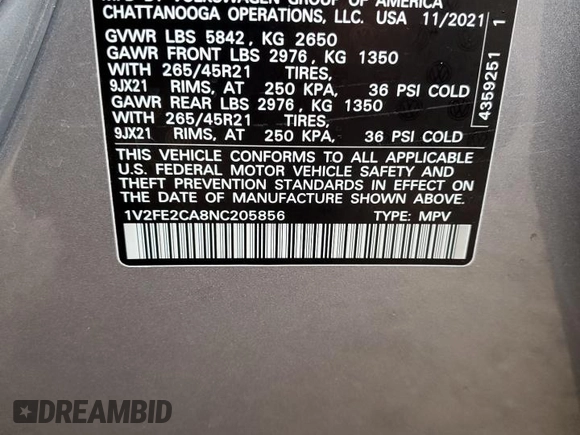 2022 Volkswagen Atlas SEL Premium R-Line with VIN 1V2FE2CA8NC205856, listed as a Copart auction lot 83979724 with 66,060 mi miles and Salvage title. Bid and sale history available at DreamBid. Image 15.