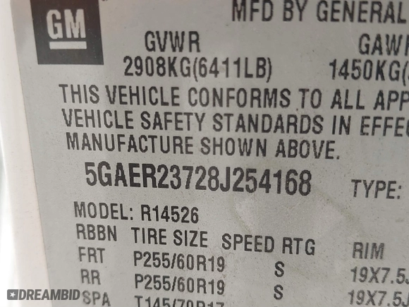 2008 Buick Enclave CXL with VIN 5GAER23728J254168, listed as a IAAI auction lot 41861209 with 252,036 mi miles. Bid and sale history available at carsss.com. Image 9.