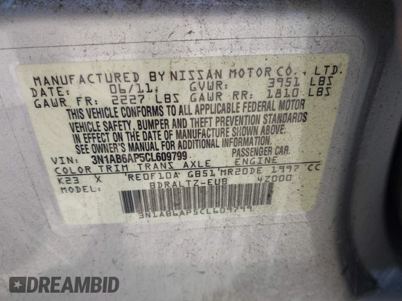 2012 Nissan Sentra SL with VIN 3N1AB6AP5CL609799, listed as a IAAI auction lot 42545511 with 178,703 mi miles and . Bid and sale history available at DreamBid. Image 9.
