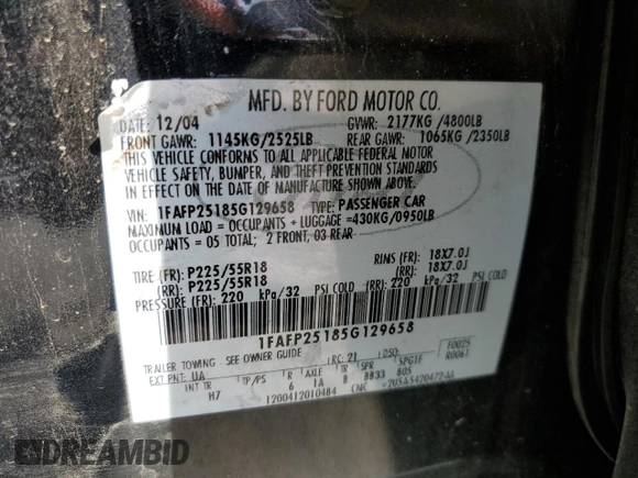 2005 Ford Five Hundred Limited with VIN 1FAFP25185G129658, listed as a Copart auction lot 73482614 with 192,726 mi miles and Salvage Title. Bid and sale history available at carsss.com. Image 12.