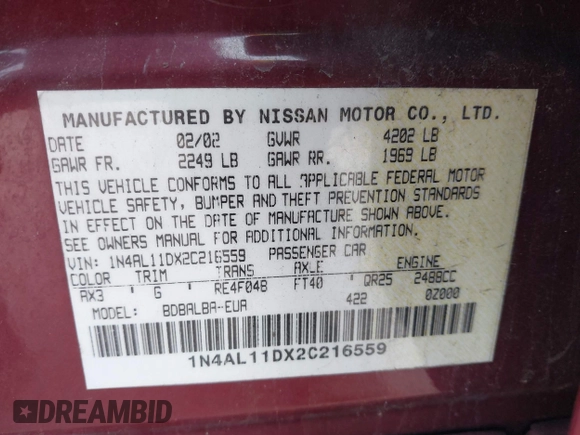 2002 Nissan Altima S with VIN 1N4AL11DX2C216559, listed as a IAAI auction lot 41540001 with 112,084 mi miles. Bid and sale history available at carsss.com. Image 9.