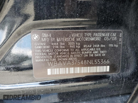 2008 BMW 3 Series 328i with VIN WBAVA37548NL55366, listed as a Copart auction lot 49612465 with 140,353 mi miles and Clean Title. Bid and sale history available at DreamBid. Image 12.
