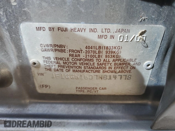 2007 Subaru Impreza i с VIN JF1GG61607H814778, выставлен на аукционе Copart как лот 52564145 с пробегом 131 107 миль миль и На запчасти • Non repairable. История ставок и продаж доступна на DreamBid. Изображение 12.