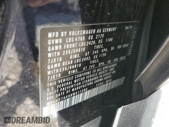 2011 Volkswagen Tiguan SEL w/Premium Navi with VIN WVGAV7AX6BW511380, listed as a Copart auction lot 54360535 with 113,808 mi miles and Salvage title. Bid and sale history available at DreamBid. Image 13.
