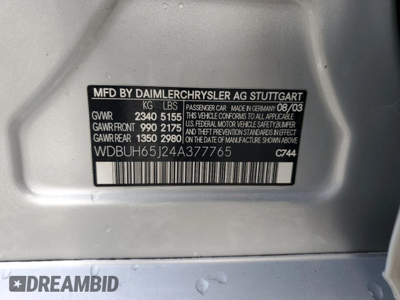 2004 Mercedes-Benz E 320 with VIN WDBUH65J24A377765, listed as a Copart auction lot 43447565 with 162,749 mi miles and Salvage Title. Bid and sale history available at DreamBid. Image 13.