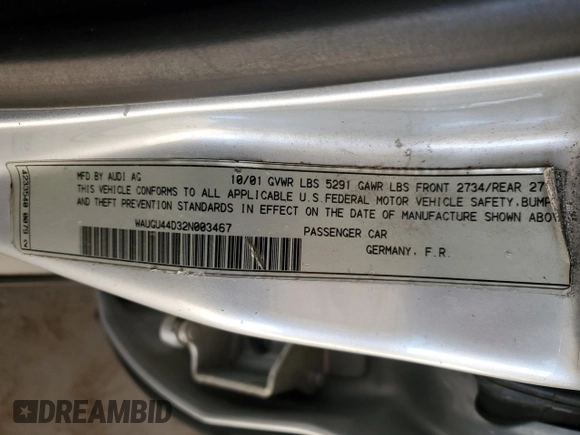 2002 Audi S8 with VIN WAUGU44D32N003467, listed as a Copart auction lot 46717295 with 270,687 mi miles and Clean Title. Bid and sale history available at DreamBid. Image 13.