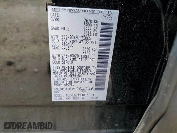 2023 Nissan Pathfinder SL with VIN 5N1DR3CD5PC264746, listed as a Copart auction lot 47818735 with 31,627 mi miles and Salvage title. Bid and sale history available at DreamBid. Image 14.