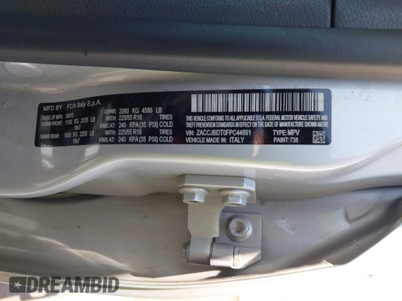 2015 Jeep Renegade Limited with VIN ZACCJBDT0FPC44891, listed as a IAAI auction lot 42415637 with 207,975 mi miles and . Bid and sale history available at DreamBid. Image 9.