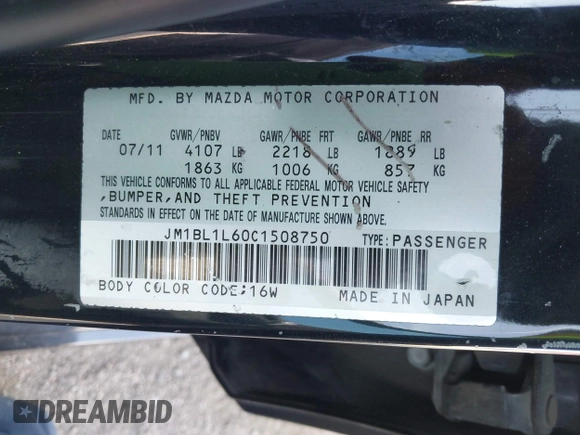 2012 Mazda 3 S Touring with VIN JM1BL1L60C1508750, listed as a IAAI auction lot 42165205 with 103,797 mi miles and . Bid and sale history available at DreamBid. Image 9.