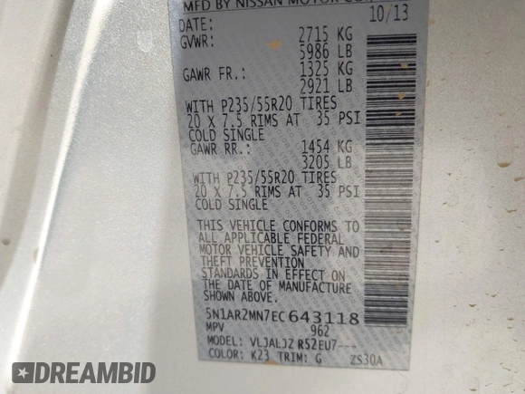 2014 Nissan Pathfinder S with VIN 5N1AR2MN7EC643118, listed as a IAAI auction lot 42126204 with 102,960 mi miles and . Bid and sale history available at DreamBid. Image 9.