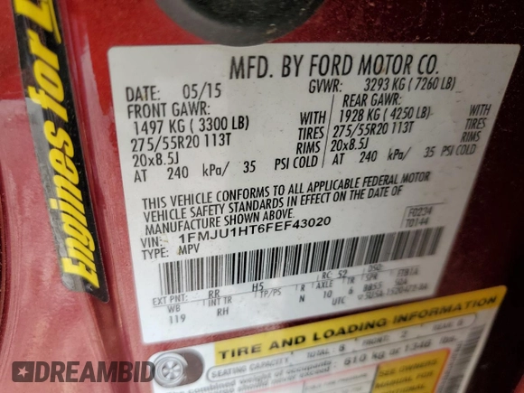 2015 Ford Expedition XLT with VIN 1FMJU1HT6FEF43020, listed as a Copart auction lot 50363135 with 133,608 mi miles and Salvage title. Bid and sale history available at DreamBid. Image 15.