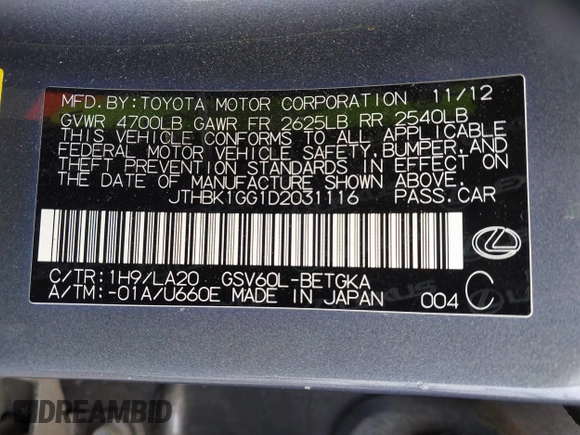 2013 Lexus ES 250 with VIN JTHBK1GG1D2031116, listed as a IAAI auction lot 42110700 with 133,569 mi miles and . Bid and sale history available at DreamBid. Image 9.