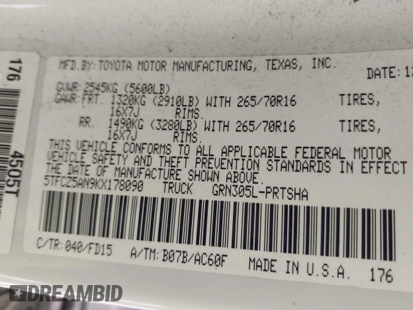 2019 Toyota Tacoma SR z VIN 5TFCZ5AN9KX178090, wystawiony jako IAAI lot #41155337 z przebiegiem 115 265 mil mil oraz . Historia ofert i sprzedaży dostępna na DreamBid. Obrazek 9.