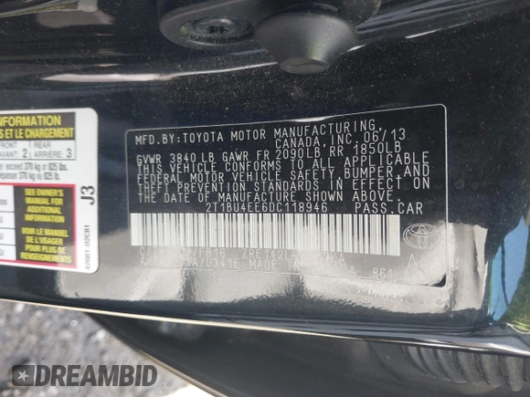 2013 Toyota Corolla L with VIN 2T1BU4EE6DC118946, listed as a IAAI auction lot 42076663 with 92,915 mi miles and . Bid and sale history available at DreamBid. Image 9.