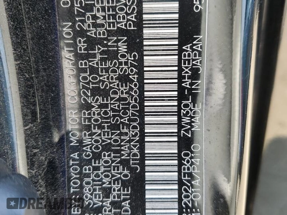 2013 Toyota Prius One with VIN JTDKN3DU7D5664975, listed as a Copart auction lot 55036415 with 283,938 mi miles and Salvage Title. Bid and sale history available at DreamBid. Image 12.
