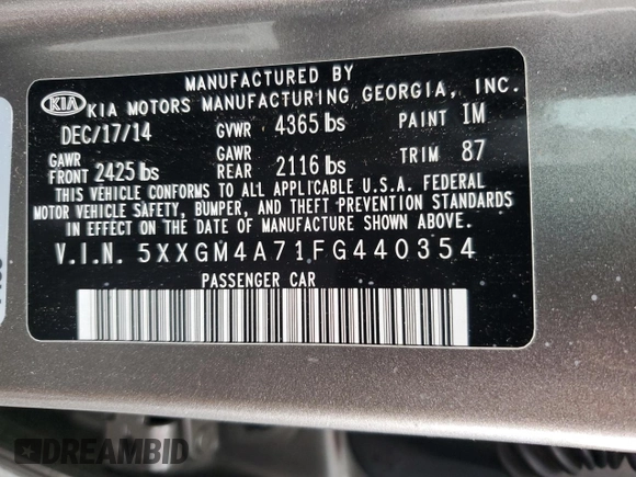 2015 Kia Optima LX with VIN 5XXGM4A71FG440354, listed as a Copart auction lot 55690795 with 90,895 mi miles and Salvage title. Bid and sale history available at DreamBid. Image 12.