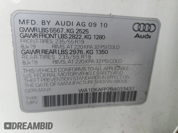 2011 Audi Q5 Premium Plus with VIN WA1DKAFP7BA033431, listed as a Copart auction lot 46000055 with Not provided miles and Salvage title. Bid and sale history available at DreamBid. Image 14.