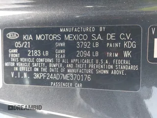 2021 Kia Forte LXS with VIN 3KPF24AD7ME370176, listed as a IAAI auction lot 41762420 with 24,458 mi miles. Bid and sale history available at carsss.com. Image 9.