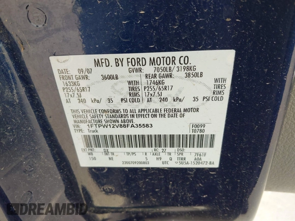 2008 Ford F-150 XLT with VIN 1FTPW12V88FA35583, listed as a IAAI auction lot 42182553 with 233,900 mi miles and . Bid and sale history available at DreamBid. Image 9.