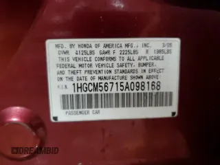 2005 Honda Accord EX z VIN 1HGCM56715A098168, wystawiony jako Copart lot #58300045 z przebiegiem 290 185 mil mil oraz Szkoda całkowita • Salvage title. Historia ofert i sprzedaży dostępna na DreamBid. Obrazek 12.
