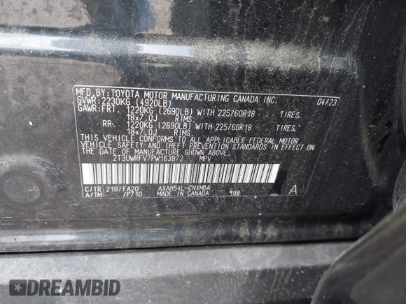 2023 Toyota RAV4 Hybrid XLE with VIN 2T3UWRFV7PW163872, listed as a IAAI auction lot 42383531 with 46,482 mi miles and . Bid and sale history available at DreamBid. Image 9.