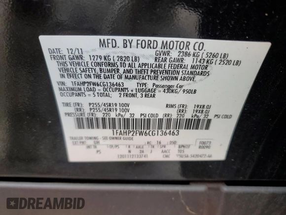 2012 Ford Taurus Limited z VIN 1FAHP2FW6CG136463, wystawiony jako Copart lot #57159005 z przebiegiem 124 833 mil mil oraz Szkoda całkowita • Salvage title. Historia ofert i sprzedaży dostępna na DreamBid. Obrazek 12.