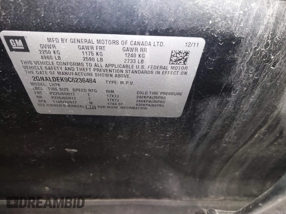 2012 Chevrolet Equinox LT w/1LT with VIN 2GNALDEK9C6236484, listed as a IAAI auction lot 40171793 with 182,956 mi miles. Bid and sale history available at carsss.com. Image 9.