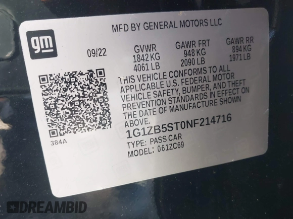 2022 Chevrolet Malibu LS with VIN 1G1ZB5ST0NF214716, listed as a IAAI auction lot 41038552 with Not Provided miles and . Bid and sale history available at DreamBid. Image 9.