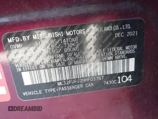 2022 Mitsubishi Mirage ES z VIN ML32FUFJ2NHF03767, wystawiony jako IAAI lot #41153905 z przebiegiem 29 337 mil mil oraz . Historia ofert i sprzedaży dostępna na DreamBid. Obrazek 9.