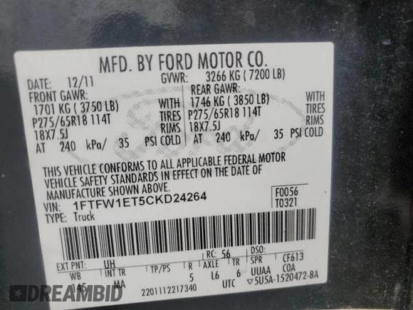 2012 Ford F-150 XL with VIN 1FTFW1ET5CKD24264, listed as a Copart auction lot 55592245 with 149,186 mi miles and Clean Title. Bid and sale history available at carsss.com. Image 12.